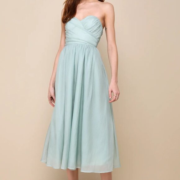 Fairytale Design Sage Green Organza Strapless A-Line Midi Dress - Picture 1 of 4